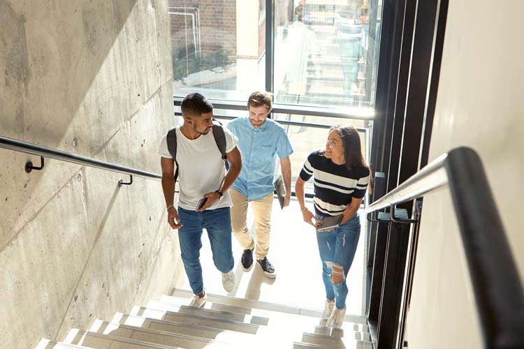 A group of students walking upstairs.