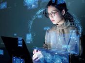 Young Asian woman watching hologram screens.