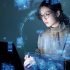 Young Asian woman watching hologram screens.